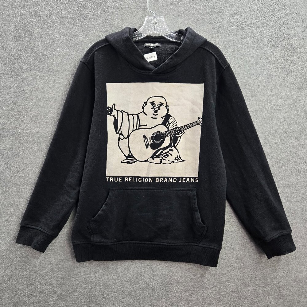 True Religion Men Sweatshirt Medium Black Hoodie Logo Graphic Print READ